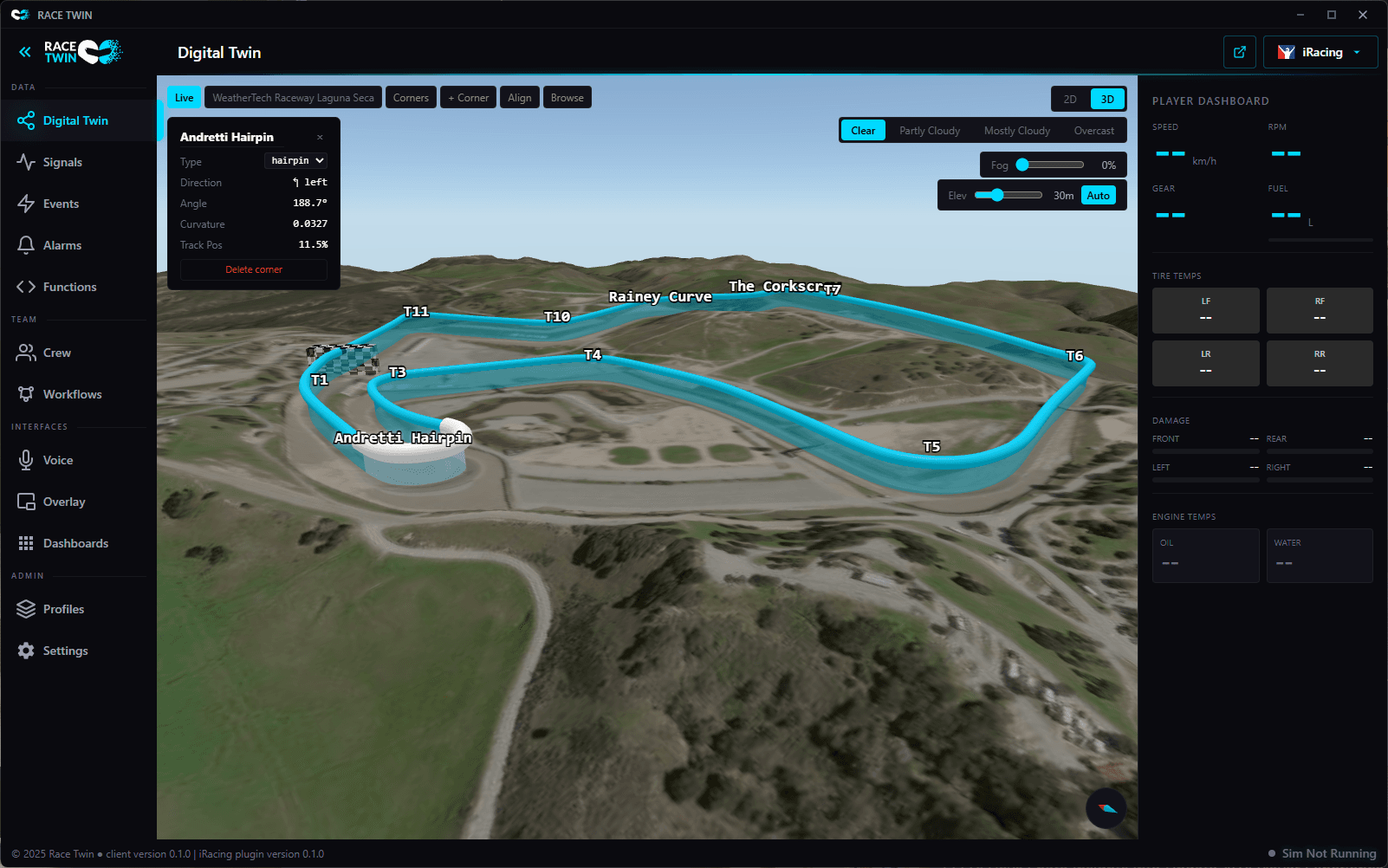 Race Twin 3D track map of Laguna Seca with corner detection and terrain overlay